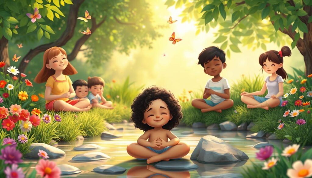A peaceful garden scene depicting calm, reflective meditation
